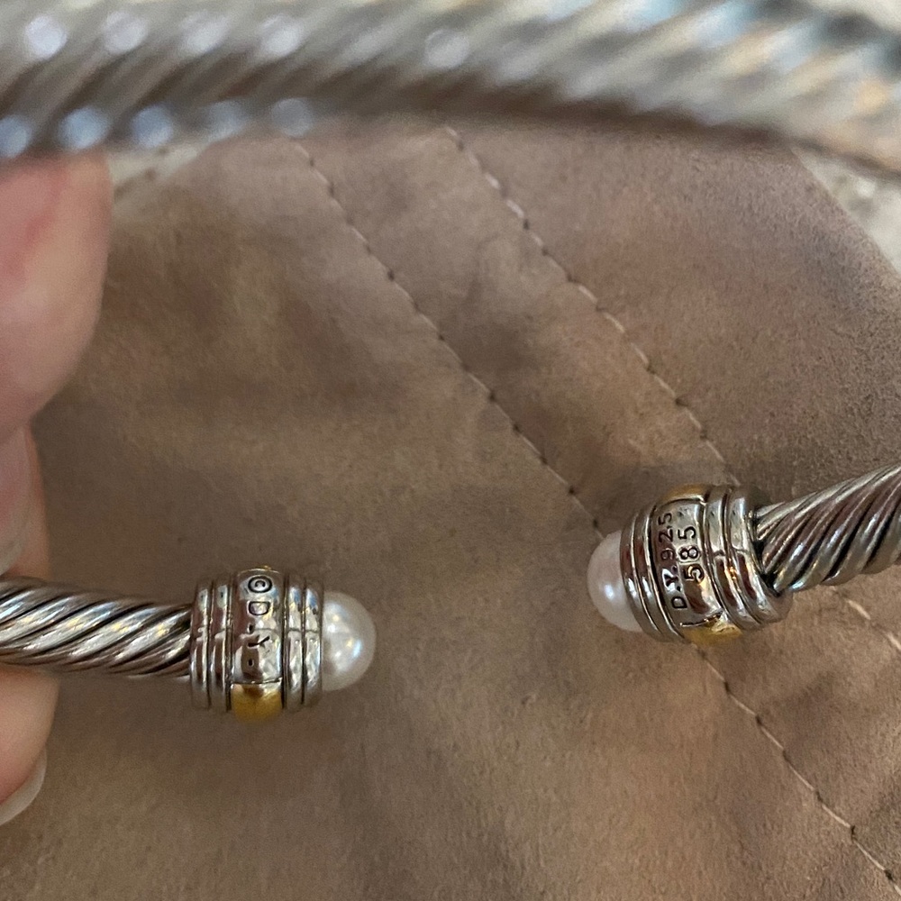 David Yurman 5mm cable bracelet. Sterling silver and 14k gold. Pearl cuff. M/L